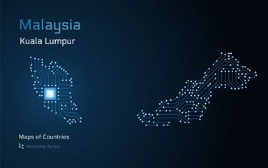 Malaysia Glossy Map with a capital of Kuala Lumpur Shown in a Microchip Pattern with processor. E-government. World Countries vector maps. Microchip Series