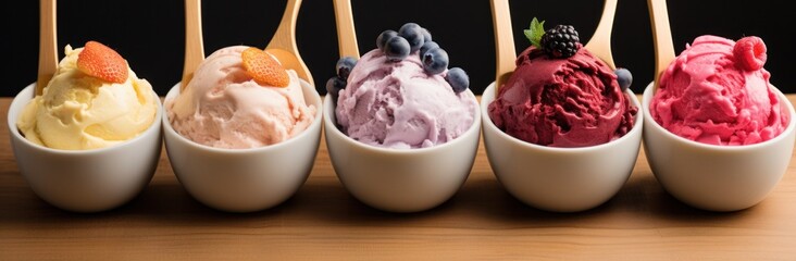 five spoon selections with four varieties of ice cream on one side and berries