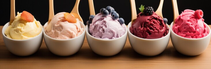 five spoon selections with four varieties of ice cream on one side and berries