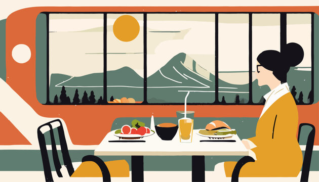Vector art of a train dining car with an Asian twist, showcasing a traveler enjoying a meal by a scenic window