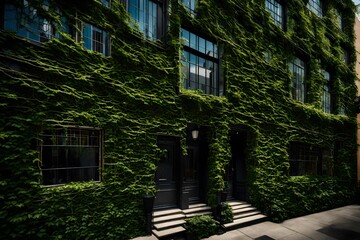 A composite image of a building facade covered in climbing vines, adding a touch of nature to the urban environment.