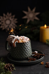 Hot winter drink in a clay mug. Close-up of hot chocolate with gingerbread house for single serving.Winter cozy still life with cocoa drink, Christmas decorations, fir tree branch, lights and sparkler