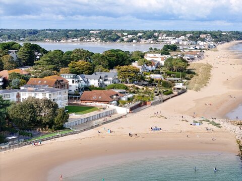 Seafront houses Sandbanks Dorset UK affluent neighbourhood of Poole, aerial
