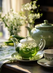 Obraz na płótnie Canvas green tea with flowers on a table