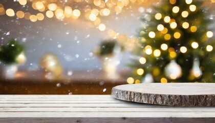 Empty white wood table top with abstract warm living room decor with Christmas tree string light blur background with snow, Holiday backdrop, Mock up banner for display of advertise product