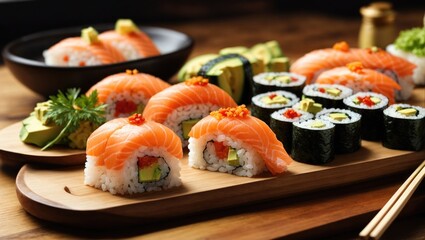 Sushi rolls with salmon, avocado and cucumber on wooden plate