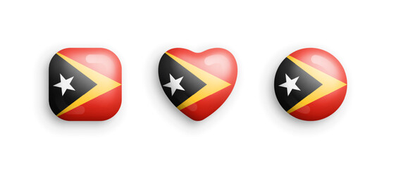 East Timor Official National Flag 3D Vector Glossy Icons In Rounded Square, Heart And Circle Form Isolate On White. East Timorese Sign And Symbols Graphic Design Elements Volumetric Buttons Collection