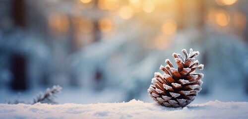 A frosty pine cone with a wintery bokeh background.