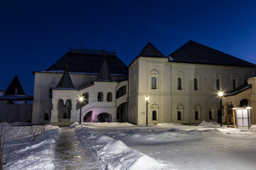 View of the Red Chamber in the Rostov Kremlin on a winter evening. Rostov Veliky, Russia