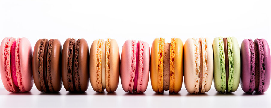 Macarons cakes on white background. Colorful delicious french macarones wide banner