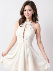 A photo of a beautiful woman wearing a white dress smiling brightly, perfect for a luxury casino