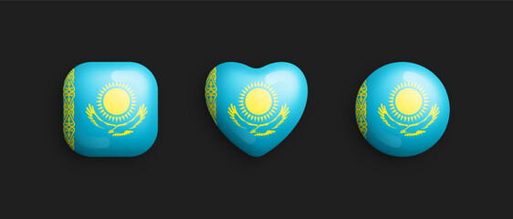 Kazakhstan Official National Flag 3D Vector Glossy Icons In Rounded Square, Heart And Circle Form Isolated On Background. Kazakh Sign And Symbols Graphic Design Elements Volumetric Buttons Collection