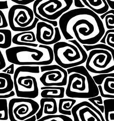 Black and white hand-drawn doodles of geometric shapes,seamless background.