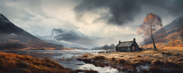 winter Scotland or norway hills in foggy day, Misty mountines and rain weather, dramatic sky in...
