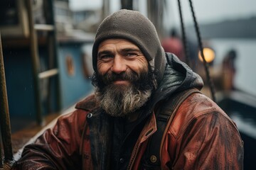 Smiling middle aged sailor fisherman in a hat on a blurred background of the deck of an old ship - obrazy, fototapety, plakaty