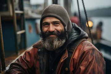 Tuinposter Smiling middle aged sailor fisherman in a hat on a blurred background of the deck of an old ship © Маргарита Вайс