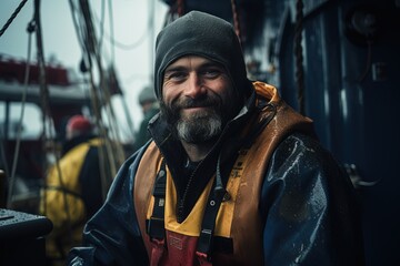 Smiling elderly sailor fisherman in a hat and diving suit on a blurred background of the deck of an old ship - obrazy, fototapety, plakaty