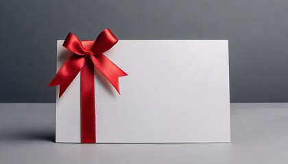 Blank white gift voucher with red ribbon bow or empty gift signboard isolated on grey background with shadow minimal conceptual 