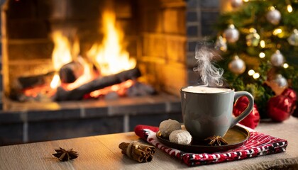 mug of hot chocolate or coffee by the Christmas fireplace. Woman relaxes by warm fire with a cup of hot drink. Winter, Christmas holidays concept