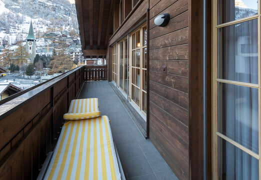 Balcony view of Zermatt village in distance