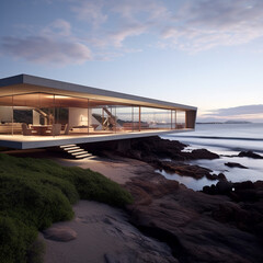 A minimalist villa, suspended on a rock, overlooking the ocean
