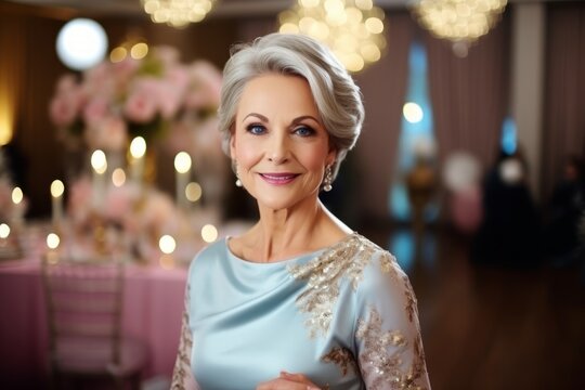 Portrait of beautiful senior woman in elegant evening dress posing in restaurant