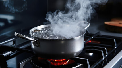 Close-up of boiling water in a metal pot on a gas stove. Gas crisis, increase in gas prices during the heating season. Boiling water for cooking soup.