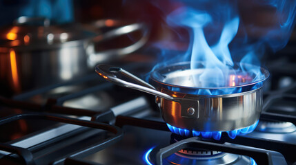 Close-up of boiling water in a metal pot on a gas stove. Gas crisis, increase in gas prices during the heating season. Boiling water for cooking soup.
