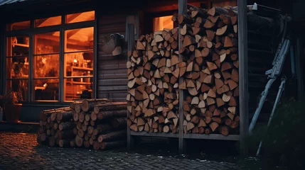 Gordijnen Outdoor woodshed or wood shed in the garden in night, many stacks of wood. Fuel crisis, firewood for fireplace or stove, natural fuel from logs. © dinastya