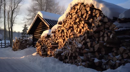 Schilderijen op glas Outdoor woodshed or wood shed in the winter snowy garden, many stacks of wood. Fuel crisis, firewood for fireplace or stove, natural fuel from logs. © dinastya