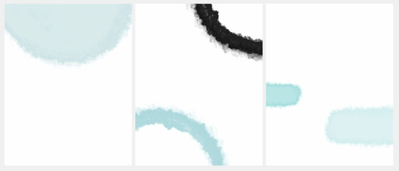 Abstract Watercolor Style Vector Layouts with Light Blue and Black Paint Stains on a White Background. Print Set with Blue and Black Watercolor Lines and Round Border and Copy Space on a White. RGB.