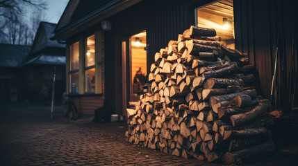 Outdoor woodshed or wood shed in the garden, many stacks of wood in the evening. Fuel crisis, firewood for fireplace or stove, natural fuel from logs. - obrazy, fototapety, plakaty