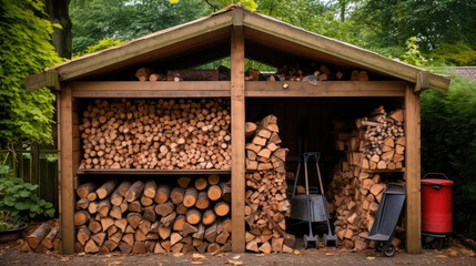 Outdoor woodshed or wood shed in the garden, many stacks of wood. Fuel crisis, firewood for fireplace or stove, natural fuel from logs.