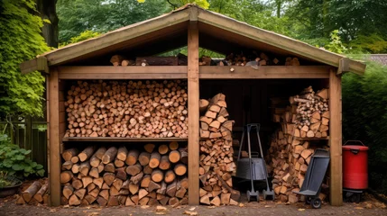 Rolgordijnen Outdoor woodshed or wood shed in the garden, many stacks of wood. Fuel crisis, firewood for fireplace or stove, natural fuel from logs. © dinastya