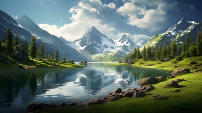 A mesmerizing image capturing the tranquility of a secluded mountain lake, nestled among lush green hills, 