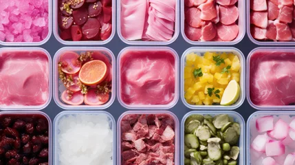 Foto op Plexiglas Top view of plastic rectangular open containers of ready-to-eat or convenience foods. Useful daily rations to order food, delivery of ready meals on blue background. © dinastya