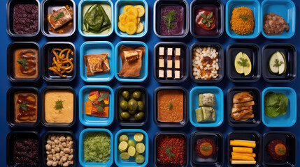 Top view of plastic rectangular open containers of ready-to-eat or convenience foods. Useful daily rations to order food, delivery of ready meals on blue background. - obrazy, fototapety, plakaty