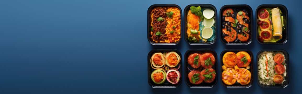 Top view of plastic rectangular open containers of ready-to-eat or convenience foods. Useful daily rations to order food, delivery of ready meals on blue background.