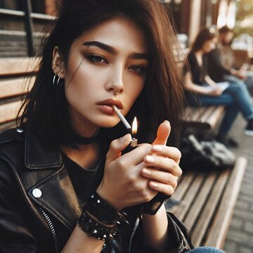 Young woman sitting in the park smoking cannabis weed in public. Marijuana ganja joint cigarette. Colorado. Amsterdam. Holland. Netherlands. Legalization. 420. CSC. Patient lighting up. Generative AI