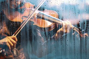 Concepto de violín y música clásica, fondo abstracto. Tocando canción de violín detrás de la ventana con gotas de agua en un día lluvioso. Música triste para el camino de viaje. - obrazy, fototapety, plakaty