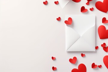 Saint Valentine day holiday background with envelope, paper card and various red hearts for love romantic message. Flat lay composition. Generative ai image