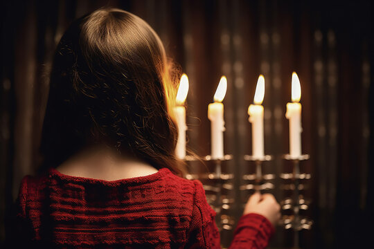ni&ntilde;a hebrea frente a candelabro menorah encendiendo  velas en Hanukkah, sobre fondo desenfocado oscuro en una Sinagoga
