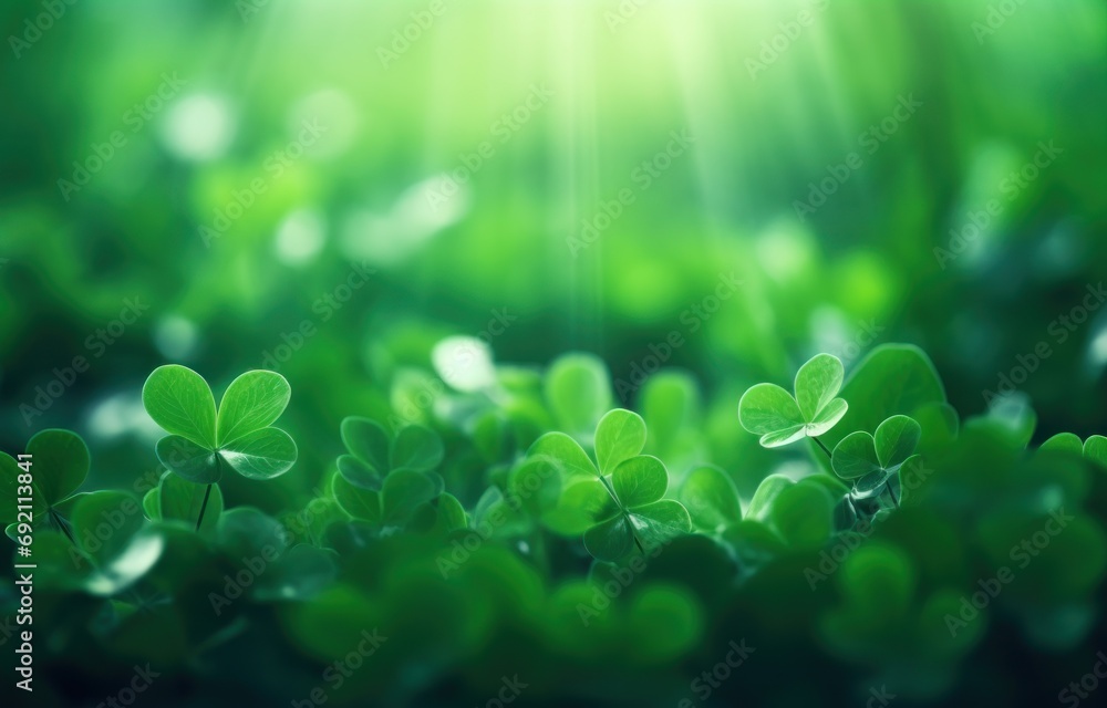 Poster a group of four leaf clovers in a field of grass with the sun shining through the trees in the backg