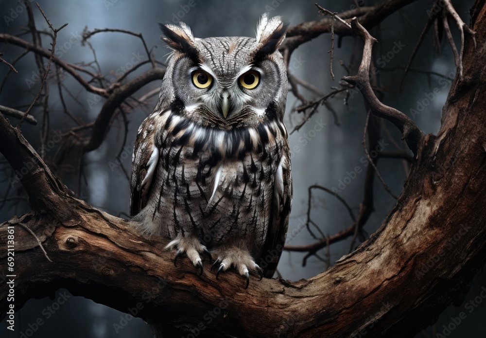 Poster an owl sitting on top of a tree branch in front of a forest filled with lots of dark colored trees.