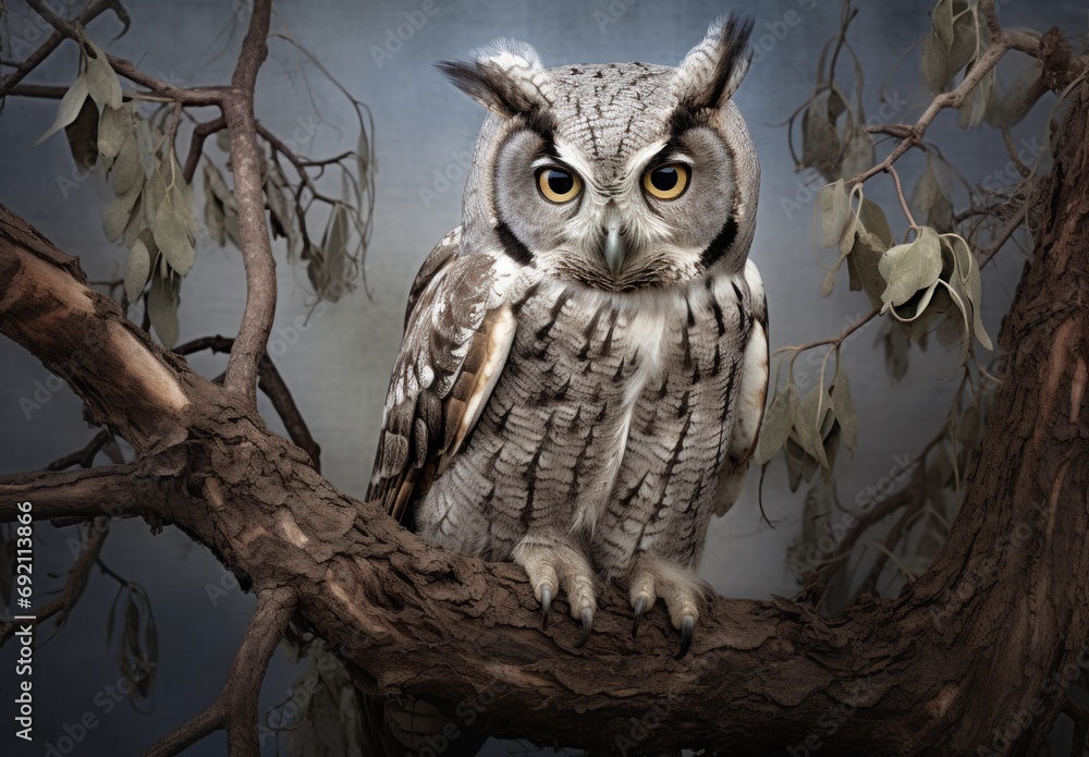 Poster an owl sitting on top of a tree branch next to a branch with leaves on it and a blue background.