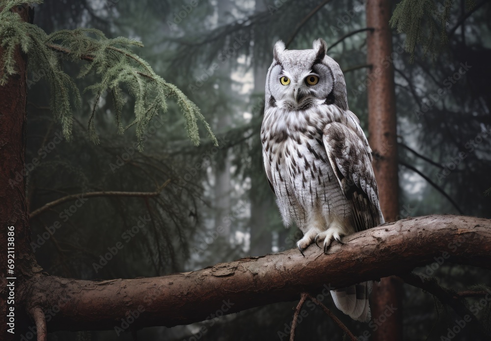 Poster an owl sitting on top of a tree branch in the middle of a forest with pine trees in the background.