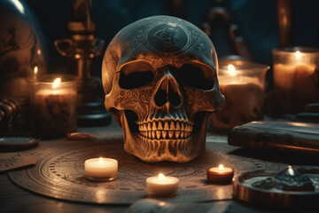 Generative AI image of a mystical esoteric altar with skull