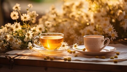 hot tea on a table beside chamomile flowers and leaves