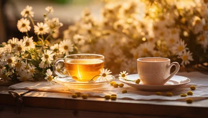 Zelfklevend Fotobehang hot tea on a table beside chamomile flowers and leaves © ArtCookStudio