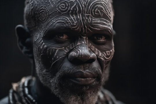 Contemplative Tribal Old Man with Scarification. Generative AI